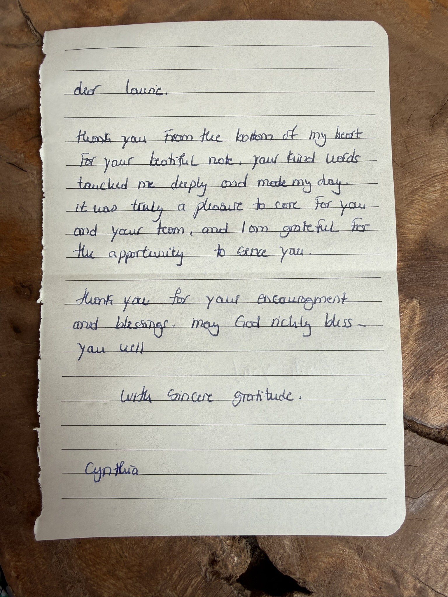 Cynthia wrote notes to both me and the team.